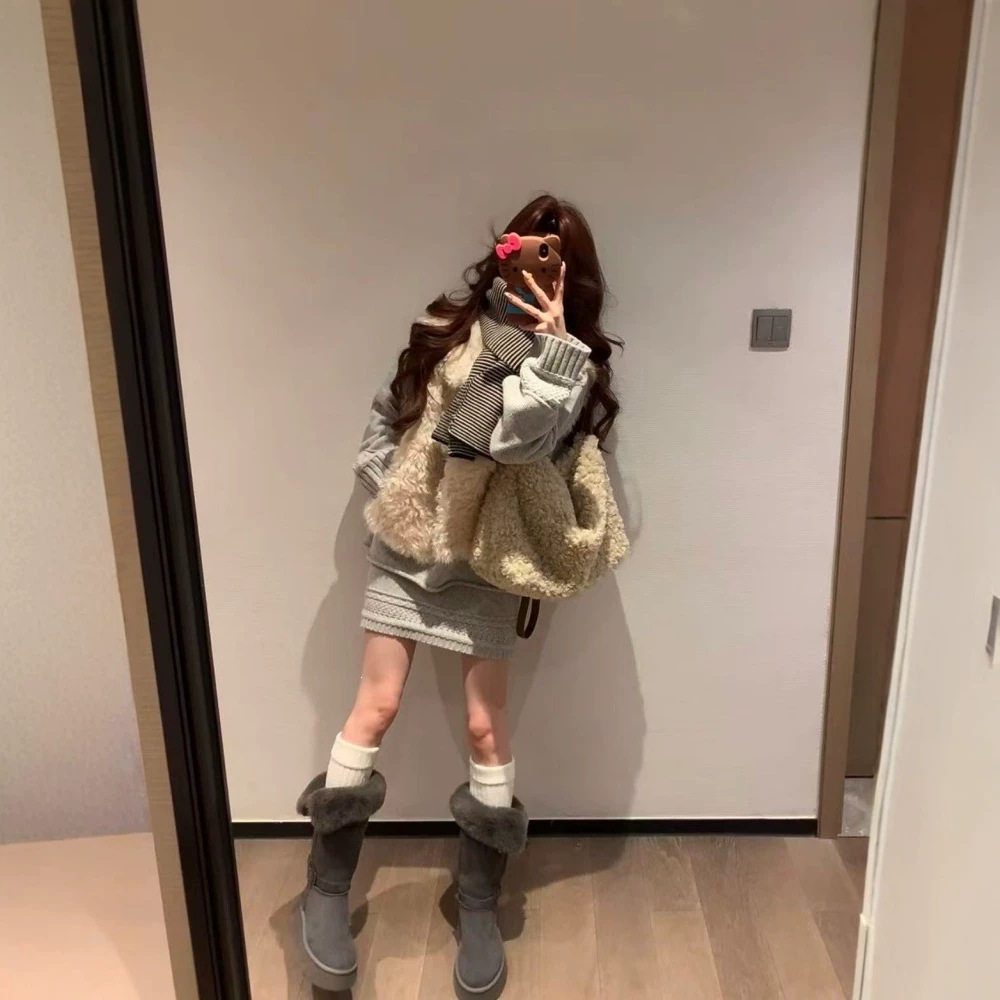 2026新款套装女斜肩针织毛衣叠穿马甲裙子秋冬韩系穿搭短裙两件套