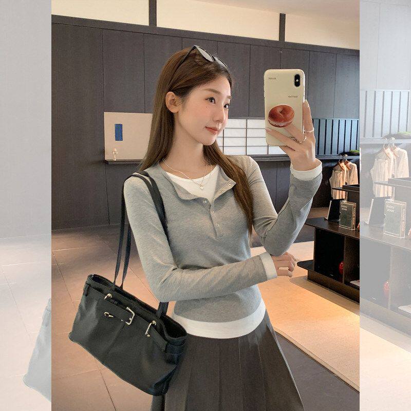 花灰假两件拼接V领长袖T恤女2025秋季新款修身显瘦纽扣打底衫上衣