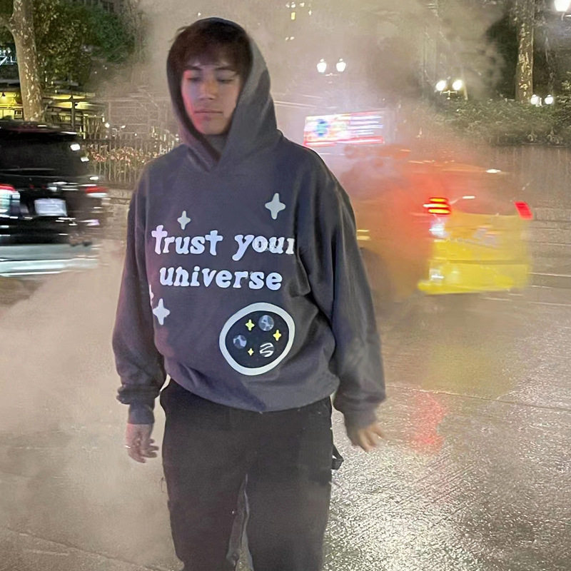 欧美男装嘻哈美式潮牌复古侃爷十字星发泡印花加绒连帽卫衣帽衫