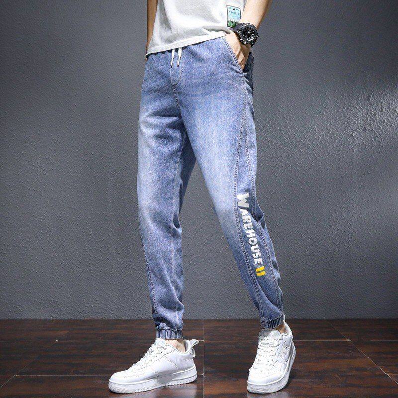 春夏装男士网红束脚哈伦裤青少年韩版系绳九分牛仔裤痞帅修身男裤