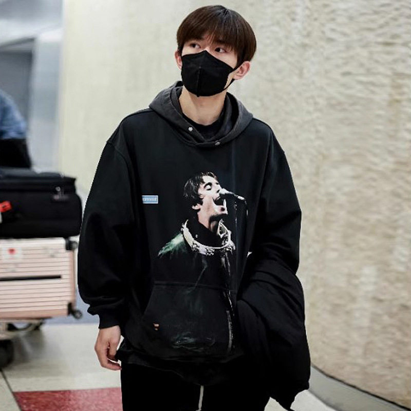 男装美式潮牌复古侃爷源同款摇滚歌手印花帽衫连帽卫衣 hoodie
