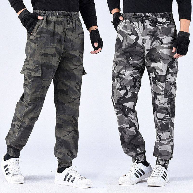 工作裤男夏季薄款宽松直筒束脚长裤纯棉耐磨耐脏弹力迷彩裤子春秋