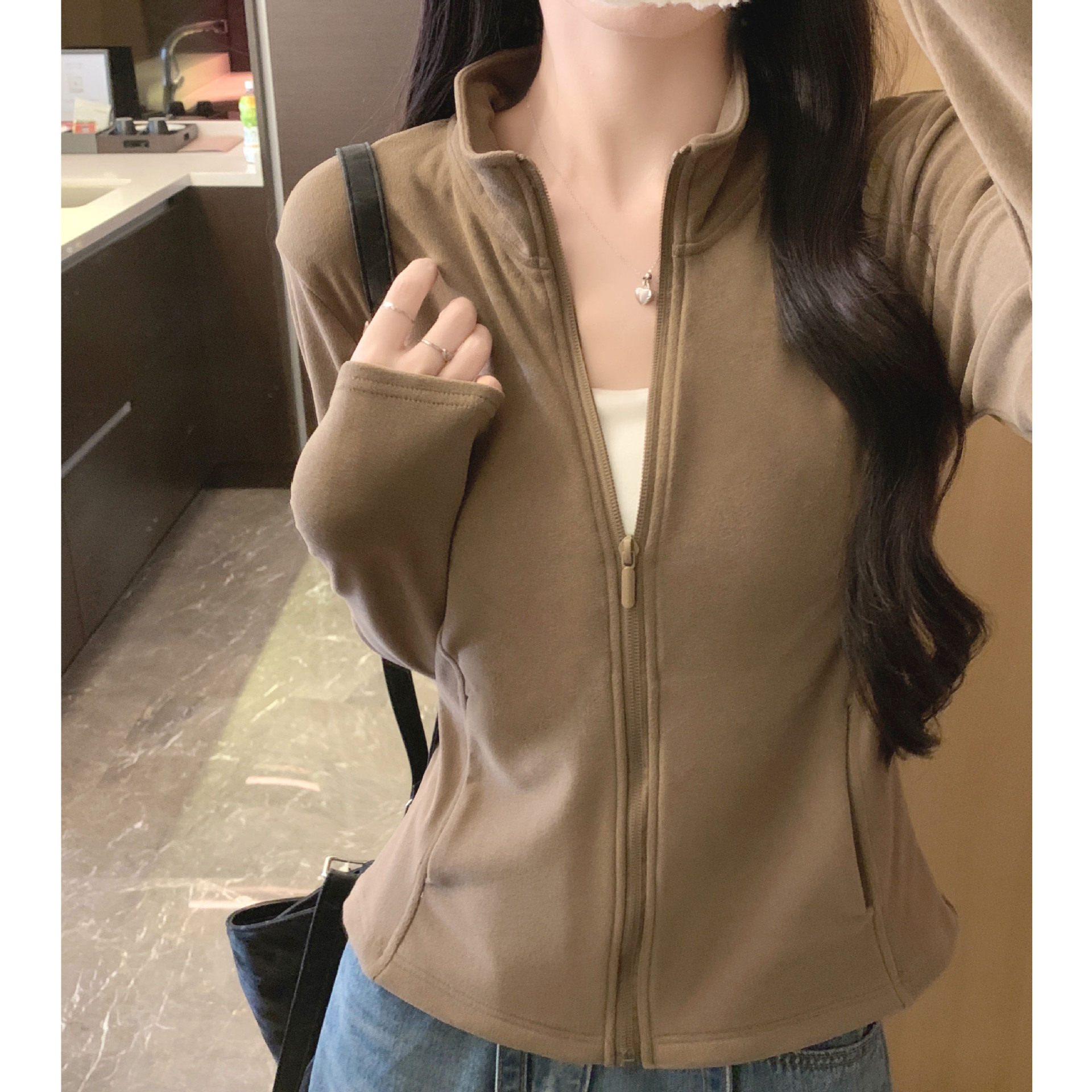 K1223严选立领开衫外套女秋冬季加厚修身显瘦带口袋拉链长袖上衣