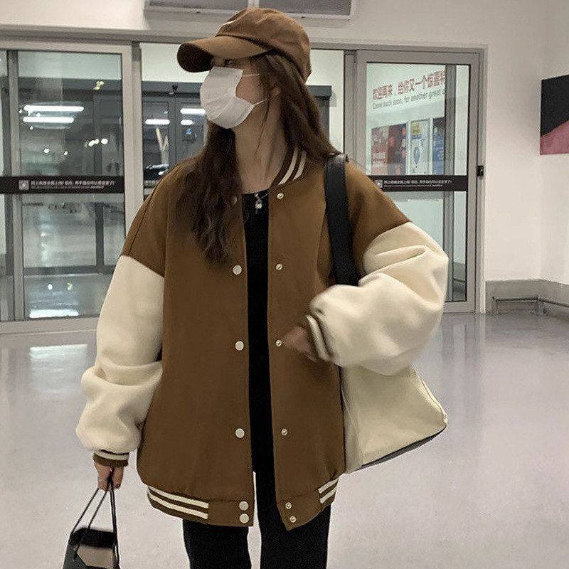 美式复古宽松加厚棒球服秋冬季2025新款韩版学生加绒卫衣外套女装