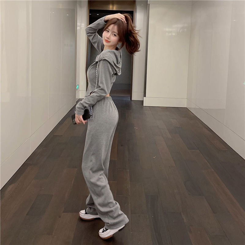 时尚套装女2025年秋季新款宽松休闲运动阔腿裤高腰修身卫衣两件套