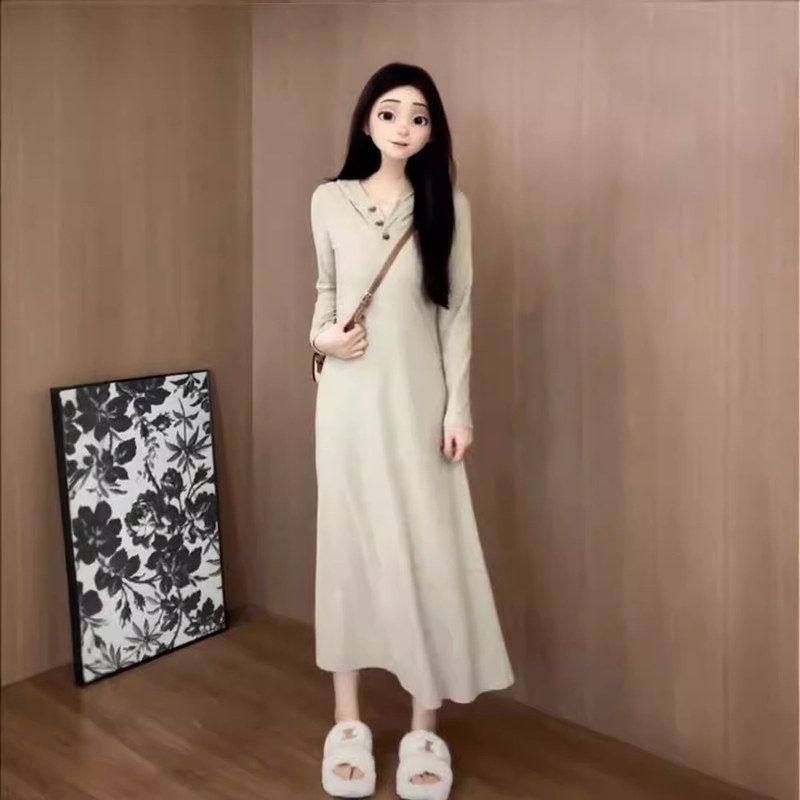 法式长袖连帽连衣裙子早春季2025新款女小个子高级感针织内搭长裙