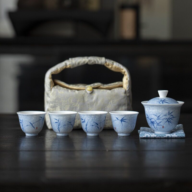 高档陶瓷釉下彩全手绘竹子一碗四杯旅行茶具便携茶具配收纳包