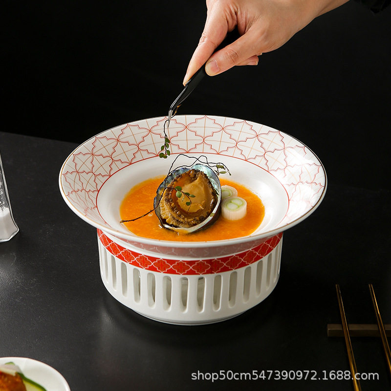 红色格明炉汤盘会所酒店陶瓷蜡烛加热干锅炉套中餐厅特色餐具深盘