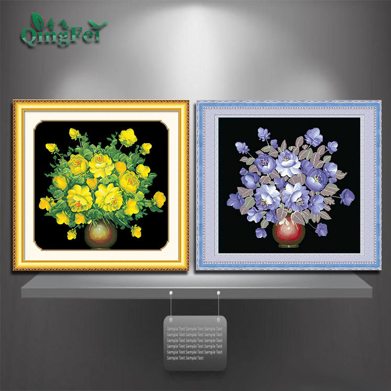 青飞美丽绽放十字绣金色华贵紫色典雅缤纷世界油画花瓶餐厅包邮