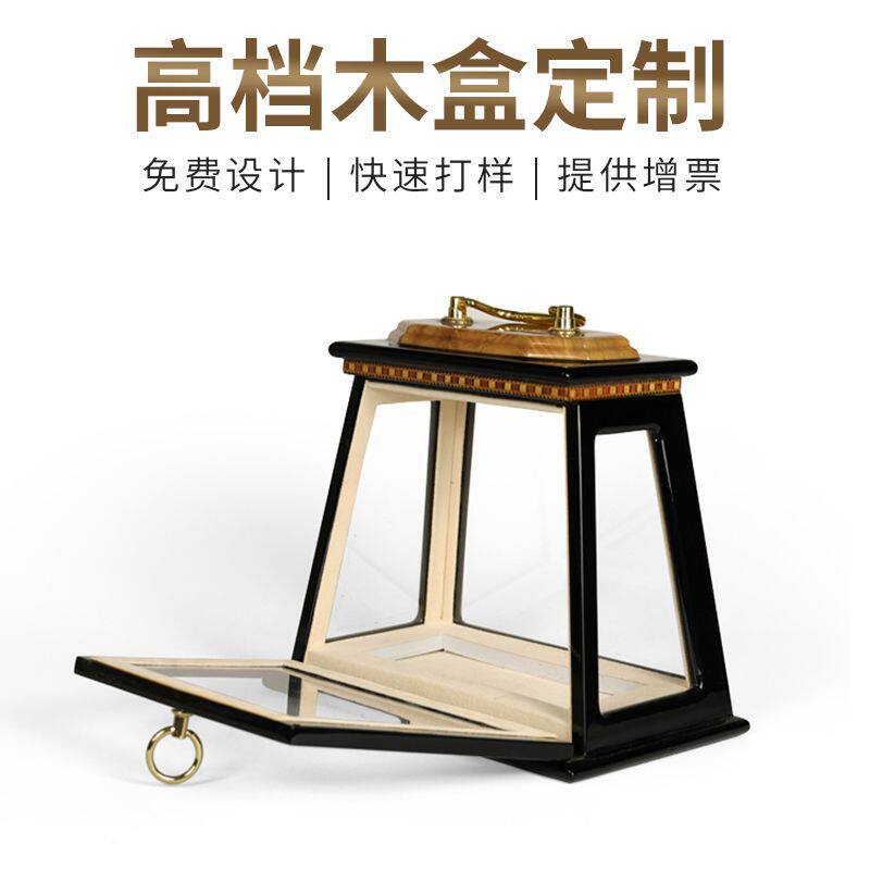 定制透明玻璃通用包装盒木盒高档四面开窗展示盒金色工艺品礼品盒