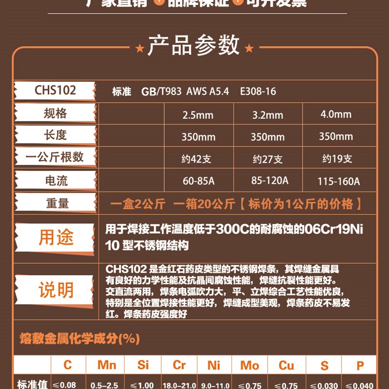 四川大西洋CHS1k02不锈钢电焊条A102电焊条E308-16不锈钢焊条304