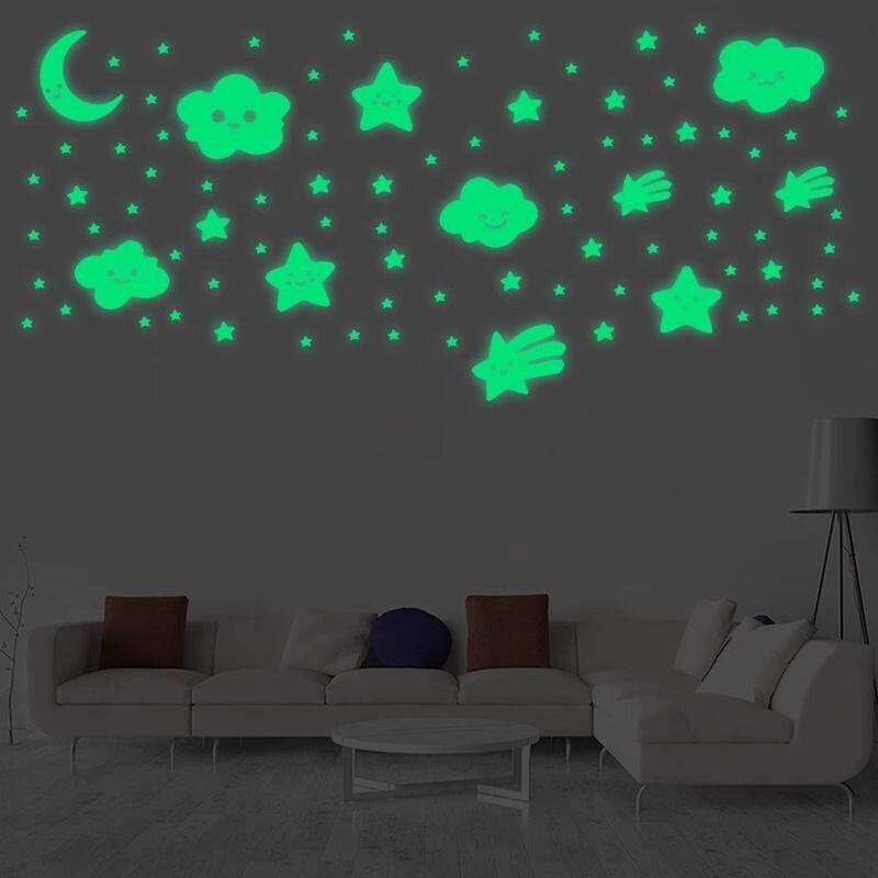 微笑云朵月亮夜光墙贴卡通五角星荧光贴儿童房装饰墙贴画