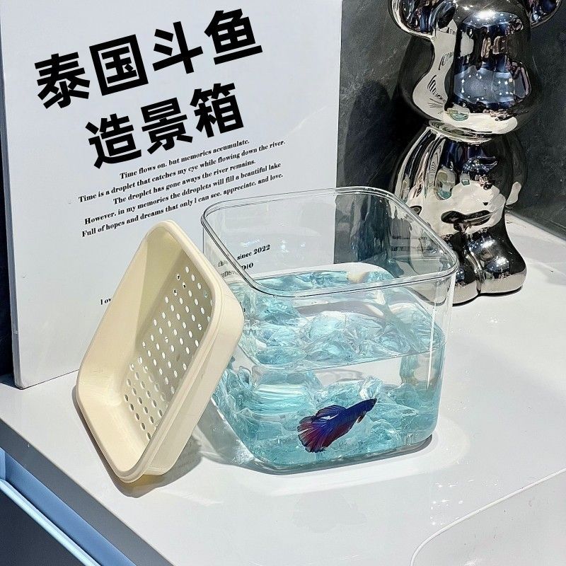生态小鱼缸加厚泰国斗鱼盒式带漏盖桌面透明鱼缸水族创意造景箱