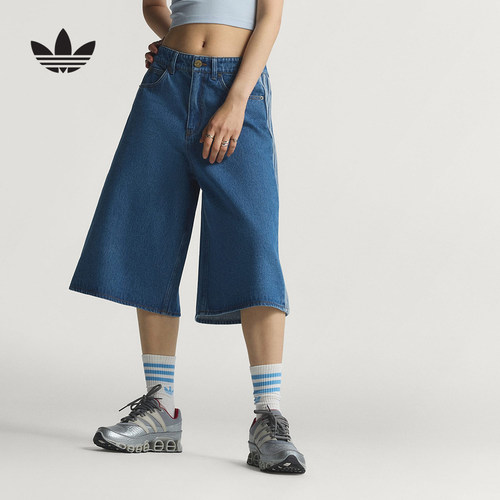 adidas阿迪达斯三叶草复古风牛仔运动2026夏女梭织七分短裤KD2915