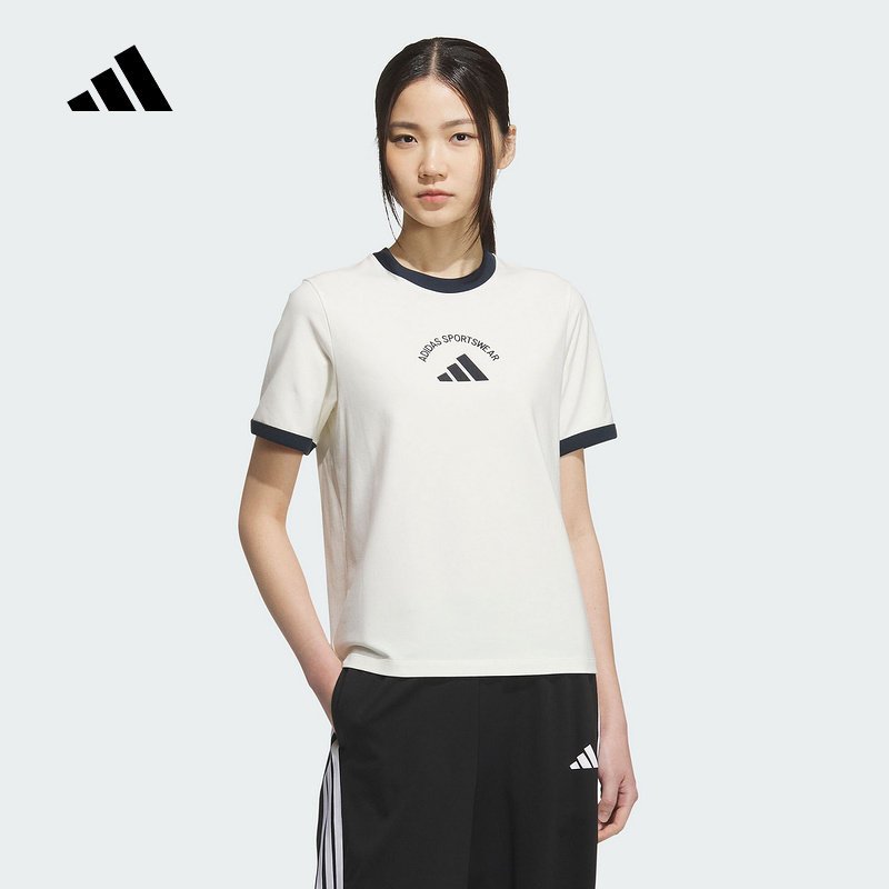 adidas阿迪达斯2025夏女运动休闲棉质针织短袖T恤圆领宽松 KC0058