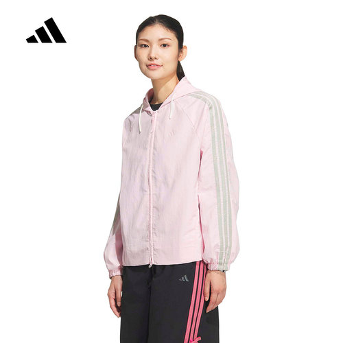 adidas阿迪达斯三条纹舞动系列拒水连帽外套26春女梭织夹克KR7602