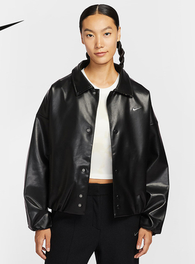 Nike耐克立领外套女25冬新款刺绣小标黑色休闲皮衣夹克IO0477-010
