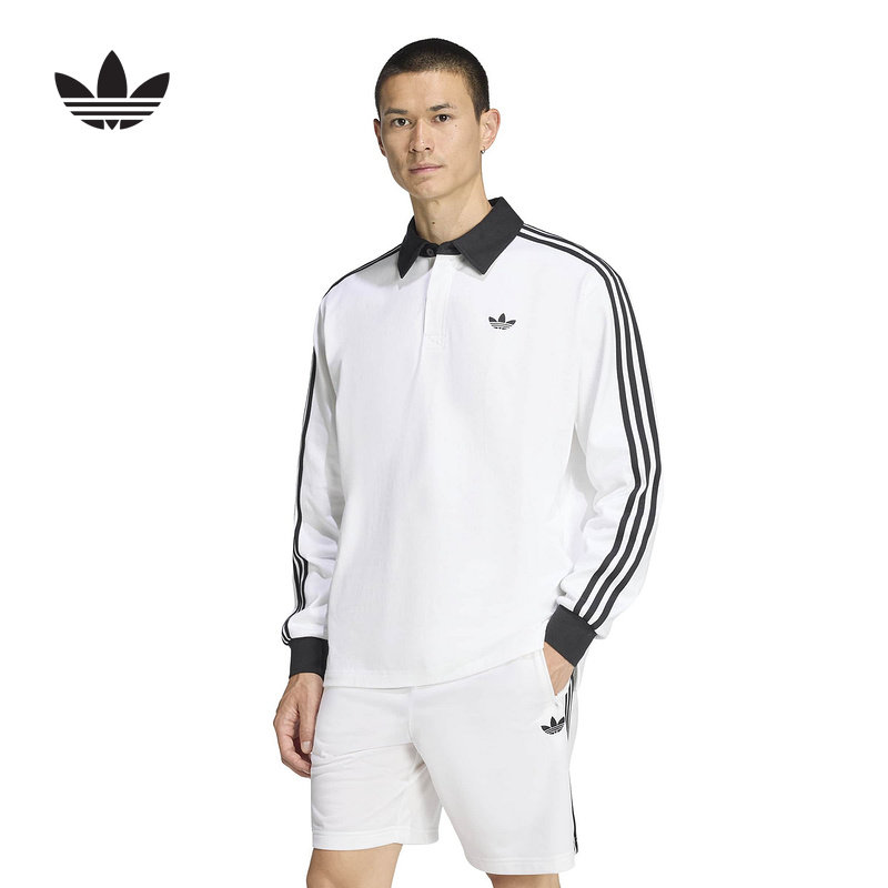 adidas阿迪达斯三叶草春男棉质橄榄球风休闲宽松长袖POLO衫KE3图片