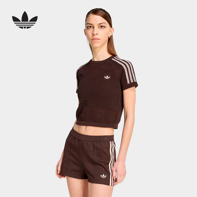 adidas阿迪达斯三叶草修身半截袖2026春女三条纹短袖T恤 KD3683