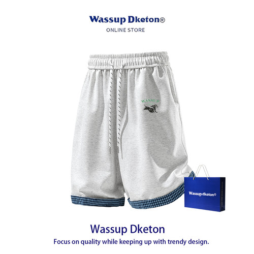 wassup dketon夏季宽松印花休闲裤假两件插色冰感运动五分短裤男