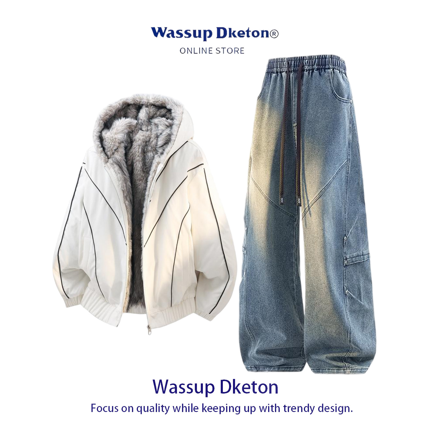 WASSUP DKETON翻领夹克大码男装冬季加绒休闲外套百搭两件套裤子