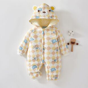 婴儿连体衣冬季加厚280g拜年服连帽保暖外出抱衣宝宝夹棉哈衣棉服