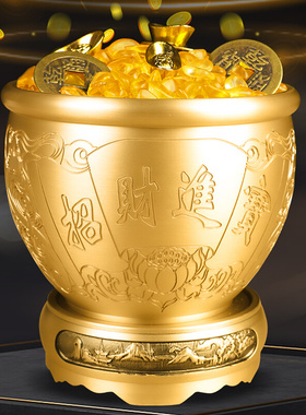 百福铜缸黄铜米缸摆件家用纯铜小聚宝盆客厅办公室开业礼品存钱罐