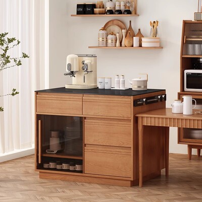 日式全实木岛台樱桃木餐边柜岩板吧台餐桌一体北欧黑胡桃木茶水台