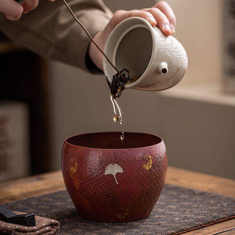 手工铜锤纹茶洗日式建水茶钵干泡茶渣桶紫铜镶银茶杯水盂笔洗