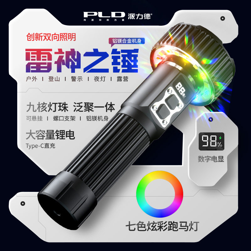 跨境热销九灯强光手电筒双向照明露营炫彩磁吸挂源头工厂支持定制