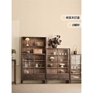 新款实木书柜一体整墙储物柜带柜门客厅展示柜子黑胡桃色多层斗柜