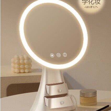 LED镜子化妆镜收纳盒一体2024新款带灯台式桌面卧室梳妆台补光镜