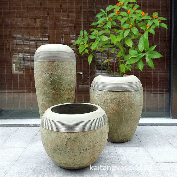 批发北欧仿古水泥坛子种植花盆 客厅酒店美陈景观咖啡馆绿植摆设