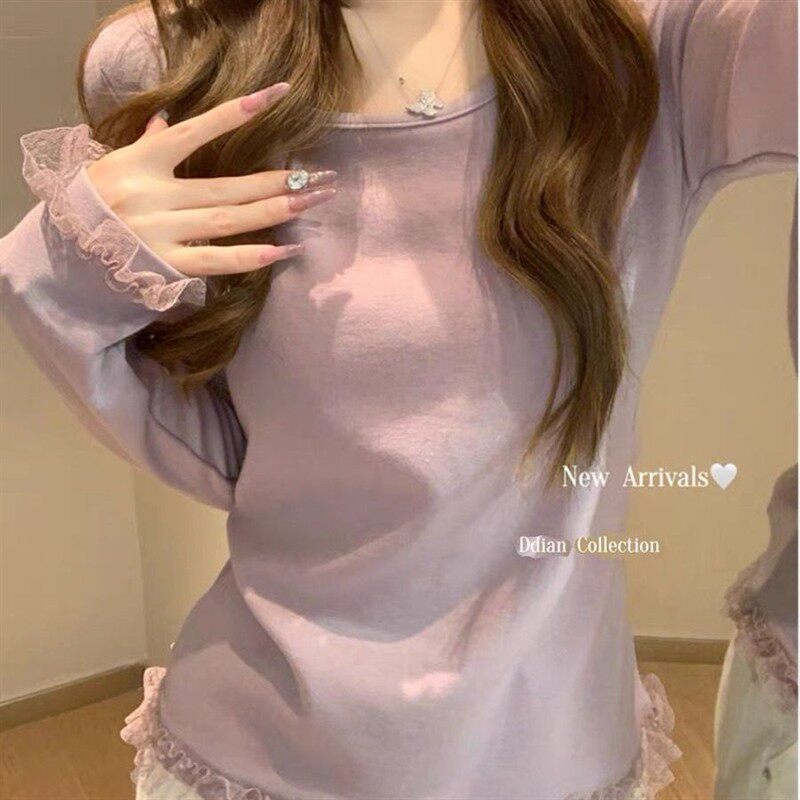 纯棉蕾丝花边长袖T恤女2026春季新款温柔风修身显瘦打底衫上衣女