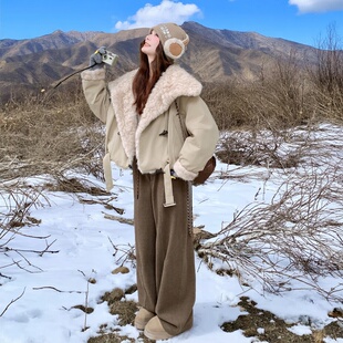 羊羔毛羽绒服大毛领白鸭绒派克羽绒服冬加厚短款爆款小个子外套