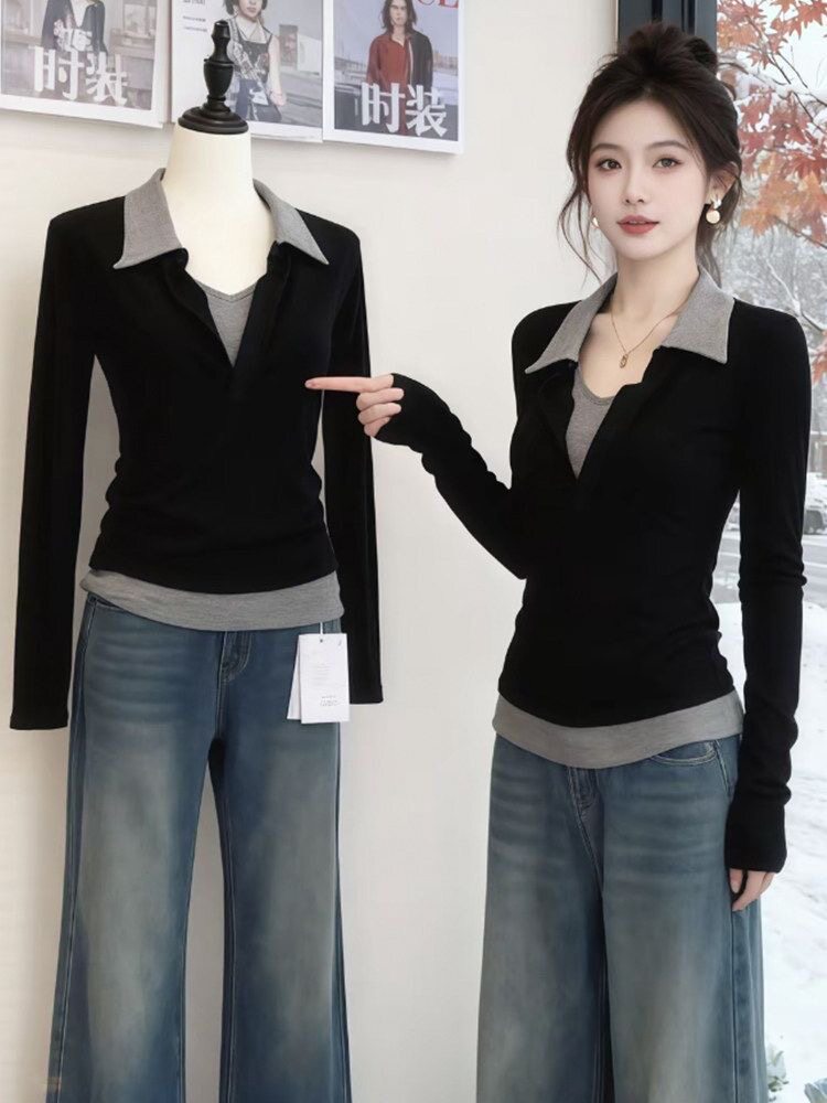 撞色POLO领长袖T恤女2026春秋新款假两件拼接显瘦气质打底衫上衣