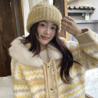 新款爆款主流商品畅销时尚潮流25冬新黄色拼色连帽毛衣外套带毛领