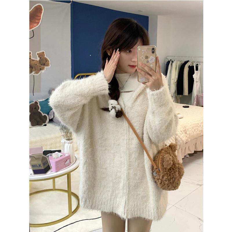 日系软糯风连帽毛衣chic春秋外套女慵懒风加厚针织开衫小个子上衣