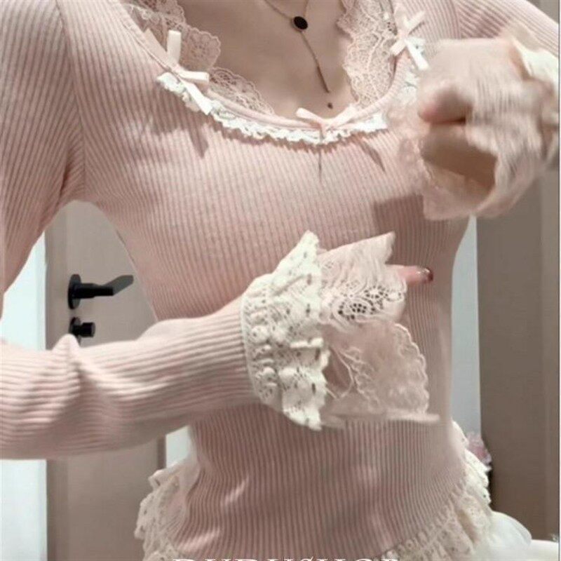 甜美纯欲粉色少女蕾丝假两件长袖ins打底衫蝴蝶结百搭独特上衣潮