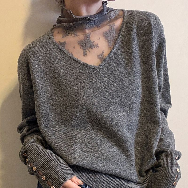 大码德绒假两件蕾丝网纱半高领打底衫女秋冬新款胖mm宽松显瘦上衣