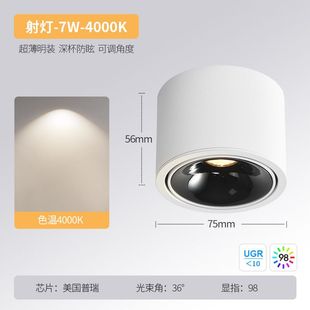 筒灯家用客厅无主灯可调角度全光谱吸顶防眩明装 LED超薄明装 筒灯