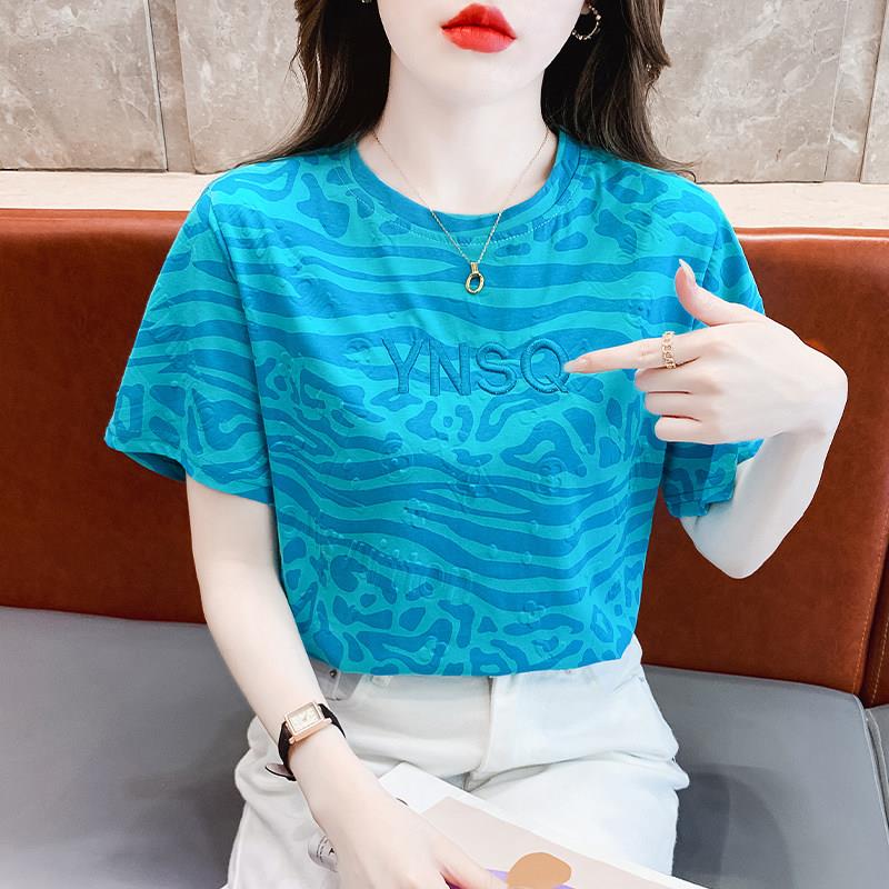 韩国圆领豹纹短袖t恤女2026夏季新款时尚百搭宽松显瘦刺绣上衣潮