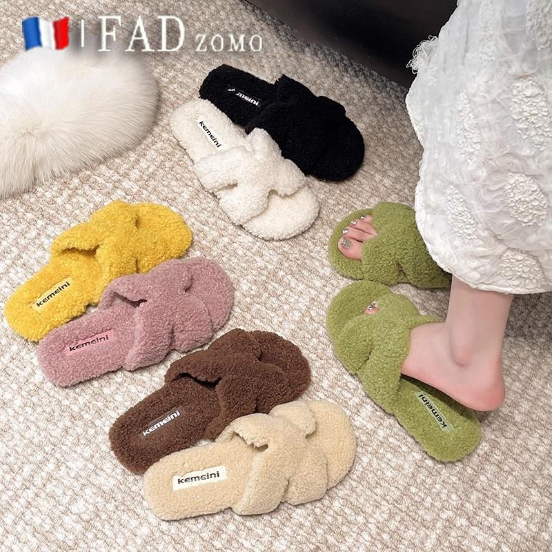法国Fad Zomo毛绒一字棉拖鞋女外穿秋冬新款软底舒适一脚蹬毛毛拖
