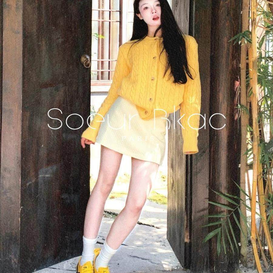 法国SOEUR BKAC法式秋冬时尚感气质黄色针织开衫毛衣半身裙套装女