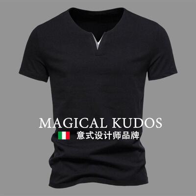 MAGICAL KUDOS纯棉弹力V领短袖T恤春季青年时尚潮流打底衫修身T恤