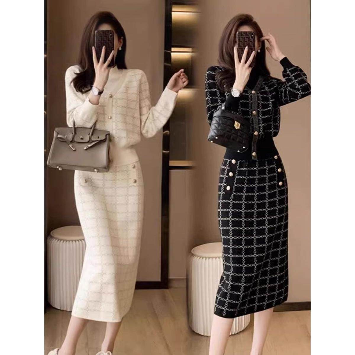 欧洲站秋季2024新款女装名媛裙子高级感毛衣套装针织连衣裙两件套