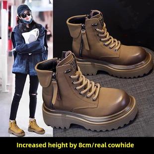 女用真皮靴2025新款春秋季内增高厚底工作服短靴流行短筒摩托车靴