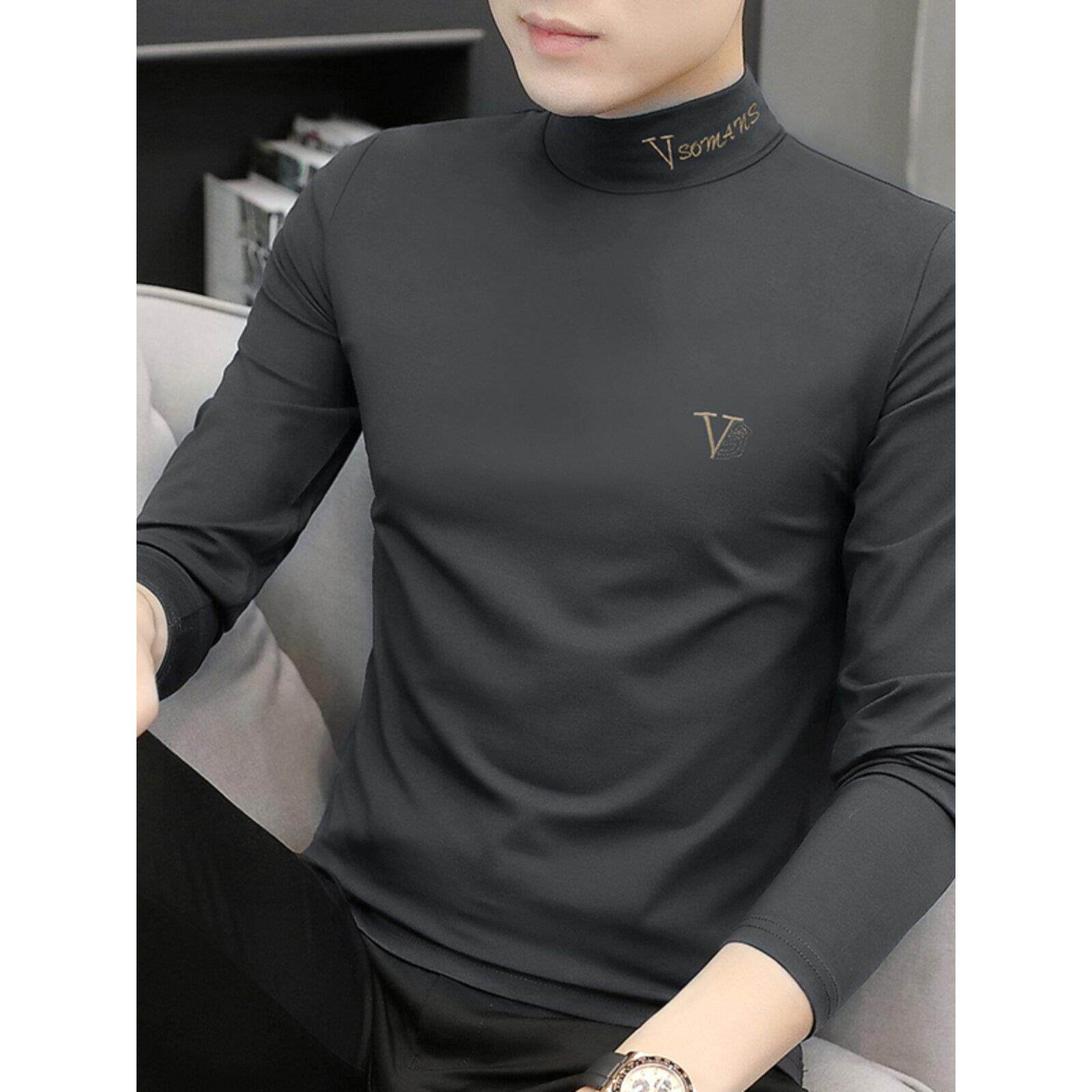 男士长袖t恤春秋季半高领中领修身薄款莫代尔打底衫潮流内搭上衣