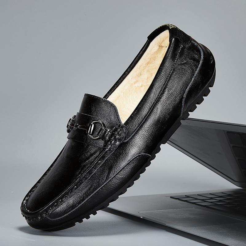 意大利手工缝制豆豆鞋男士加绒保暖真皮一脚蹬软底软面休闲乐福鞋