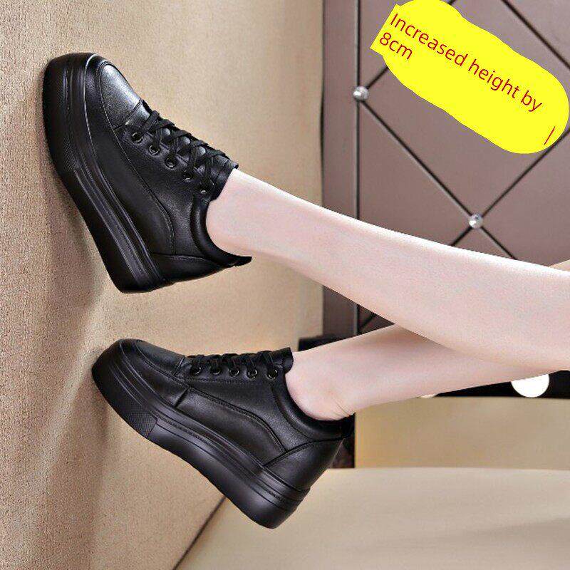 香港增高8cm女鞋2025夏季新款流行厚底旅游休闲运动真皮小皮鞋